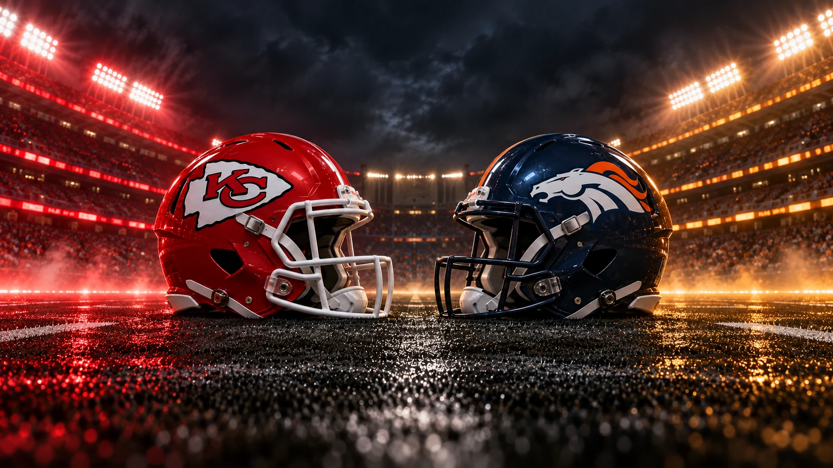 Capacetes de Kansas City Chiefs e Denver Broncos frente a frente em um estádio noturno estilizado.