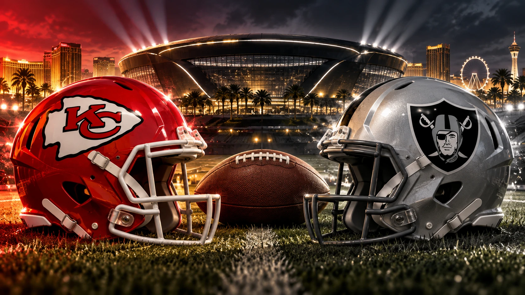 Capacetes dos Chiefs e Raiders frente a frente, com bola e estádio de Las Vegas em cenário ilustrado.