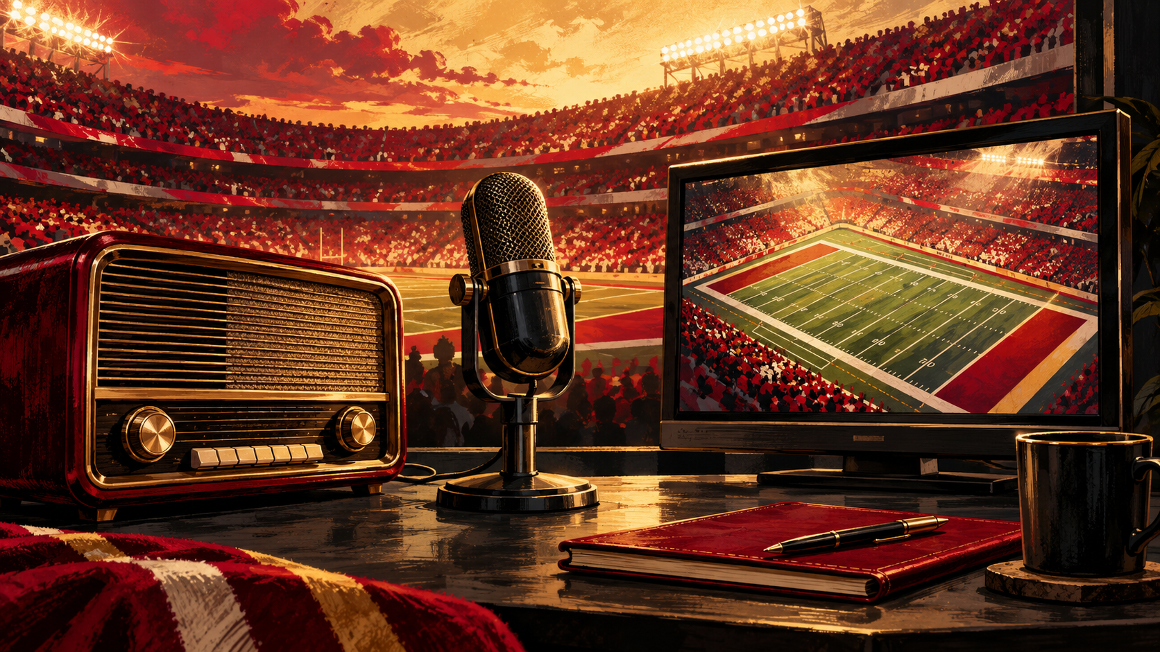 Rádio, microfone e televisão em ilustração de cobertura esportiva.