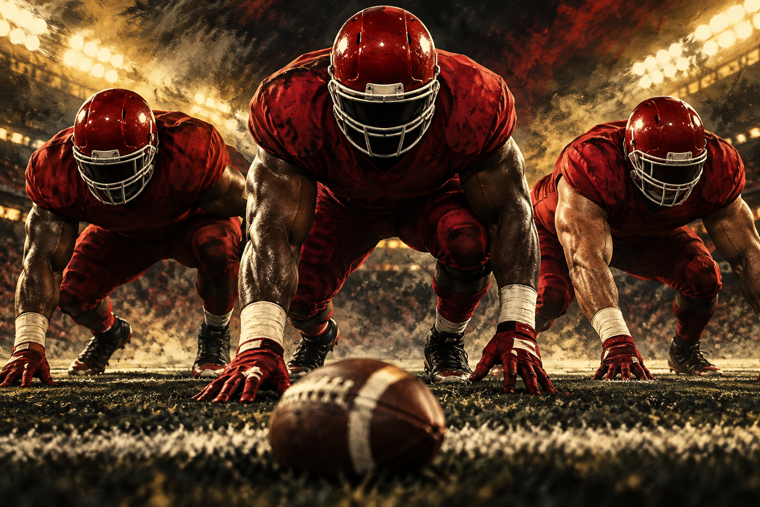 Três defensores ilustrados se preparam na linha de scrimmage.