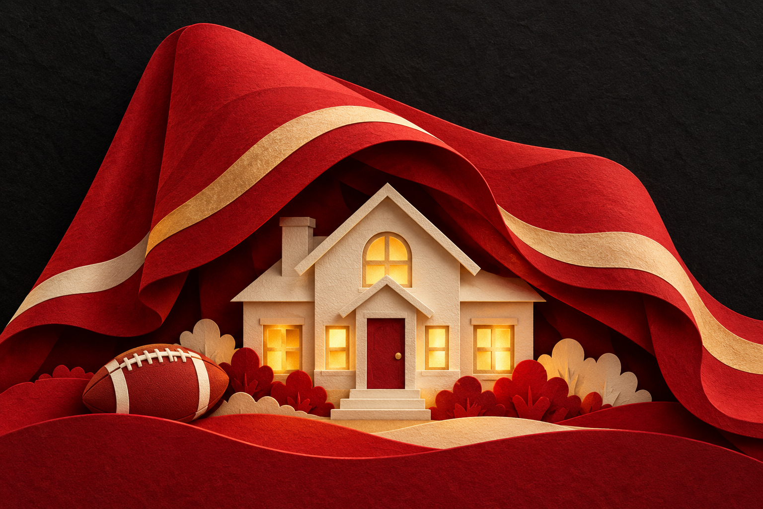 Casa de papel iluminada sob uma bandeira vermelha, em ilustração simbólica de acolhimento.