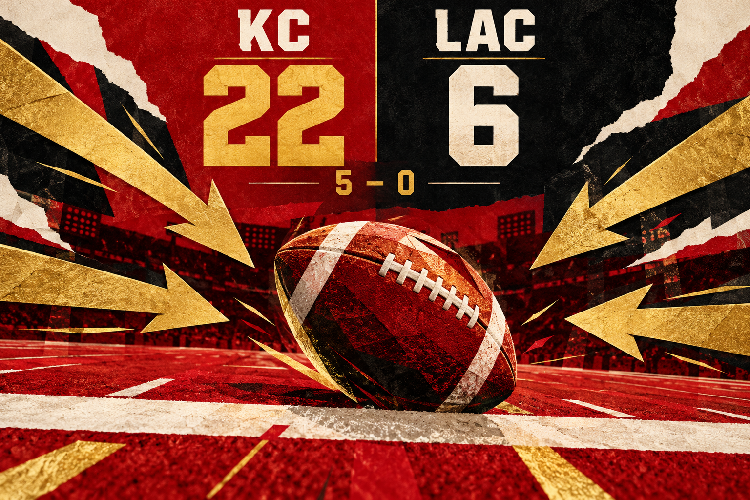 Arte em vermelho e dourado com bola de futebol americano, placar KC 22 a LAC 6 e campanha 5–0.