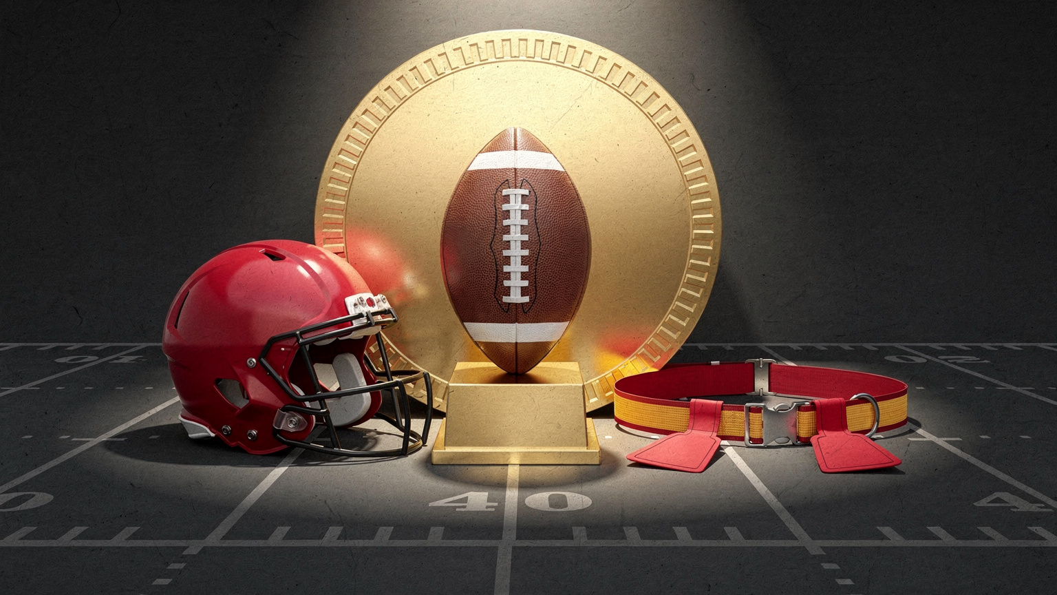 Bola juvenil sobre pedestal dourado, acompanhada de capacete e cinto de flag football em três faixas de campo conectadas.