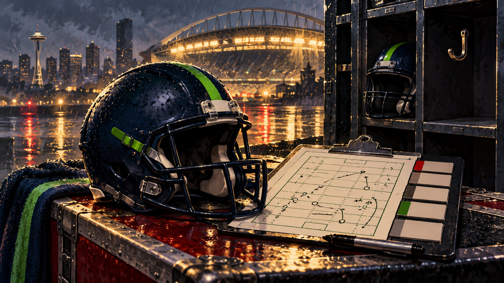 Ilustração de capacete genérico azul-marinho com detalhe verde e prancheta de futebol americano diante de um estádio sob chuva em Seattle.